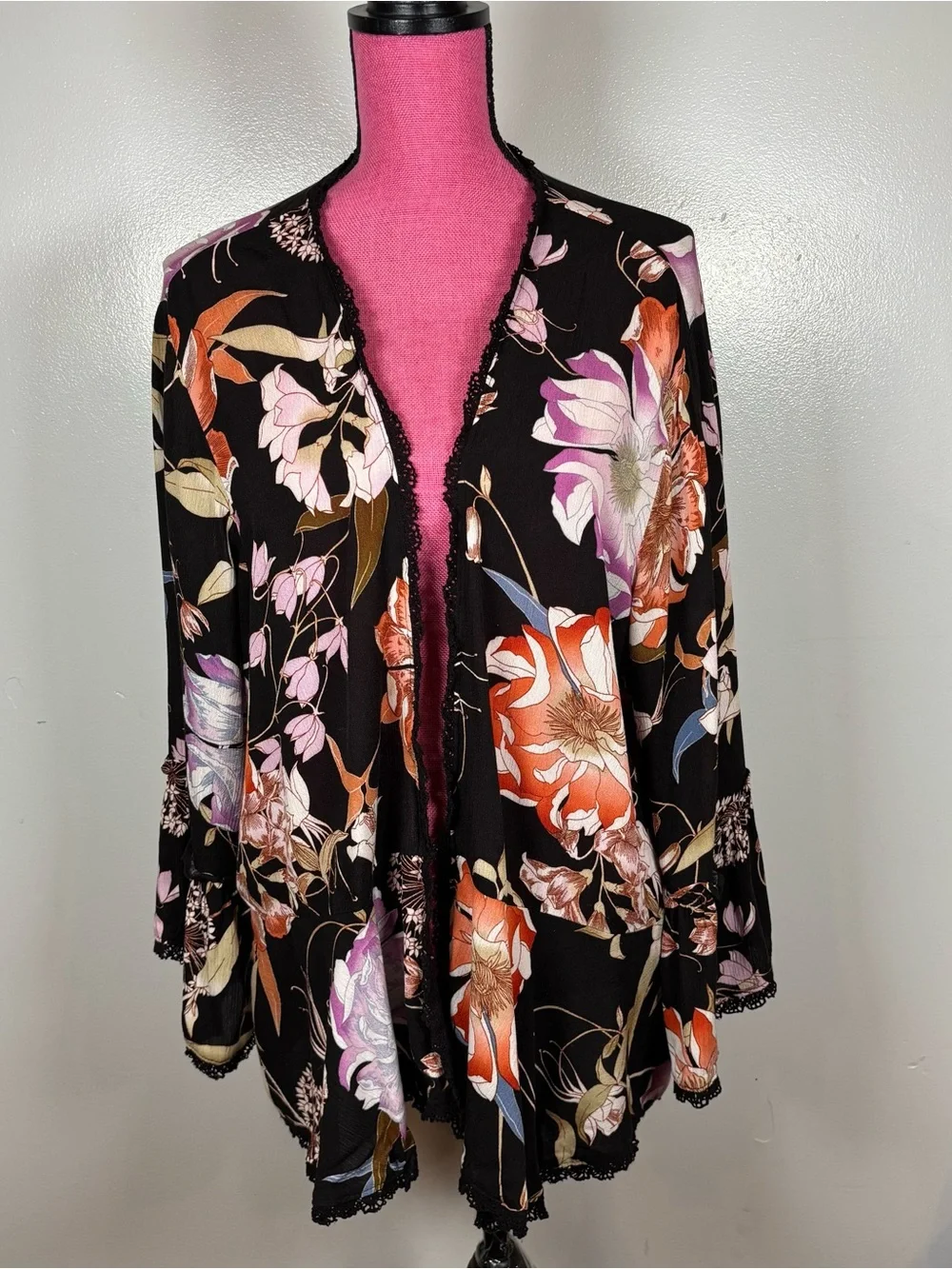 Knox Rose Open Kimono Cardigan Cover Up Sz XL Black Floral Boho 3/4 Bell Sleeve